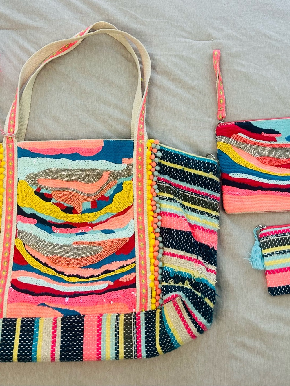 American & Beyond Colorful Multicolor Embroidered Tote Bag with Matching Pouches